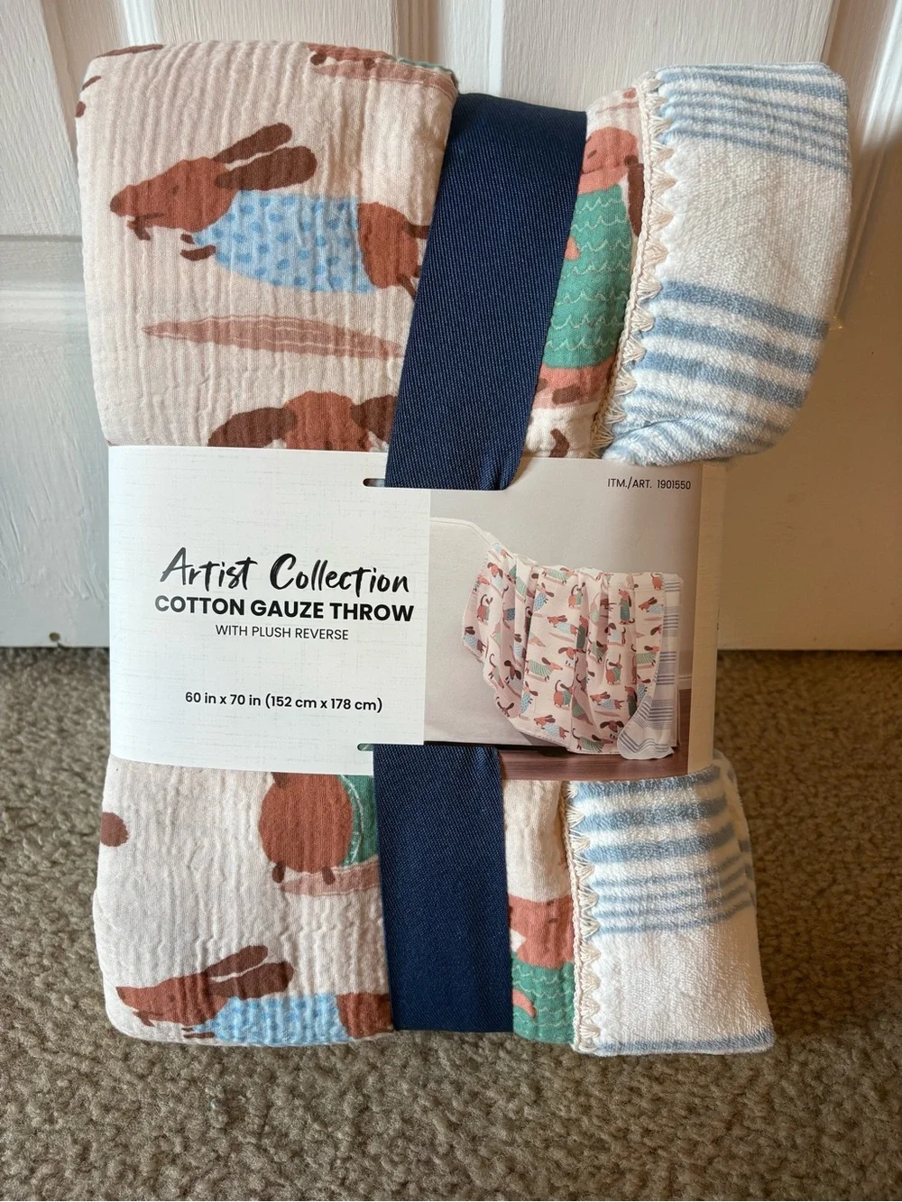 Dachshund Cotton Gauze Throw - Pink, Blue & Green